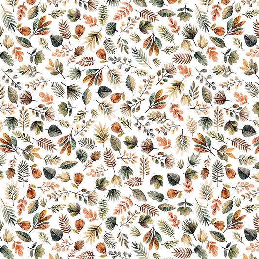 Image of Terrors of the Pleistocene Pleistocene Plants Eggshell quilting cotton fabric by Morris Creative Group for QT Fabrics. Features leaves on a white background. Cute Little Fabric Shop.