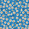 Image of Daisy Delights Daisy Toss Denim quilting cotton fabric by Morris Creative Group for QT Fabrics. Features flowers on a blue background. Cute Little Fabric Shop.