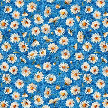 Image of Daisy Delights Daisy Toss Denim quilting cotton fabric by Morris Creative Group for QT Fabrics. Features flowers on a blue background. Cute Little Fabric Shop.