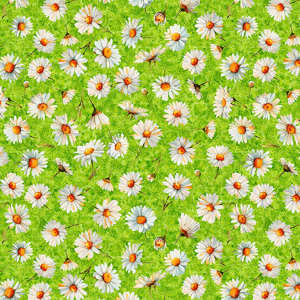 Image of Daisy Delights Daisy Toss Lime quilting cotton fabric by Morris Creative Group for QT Fabrics. Features flowers on a green background. Cute Little Fabric Shop.