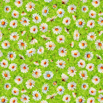 Image of Daisy Delights Daisy Toss Lime quilting cotton fabric by Morris Creative Group for QT Fabrics. Features flowers on a green background. Cute Little Fabric Shop.