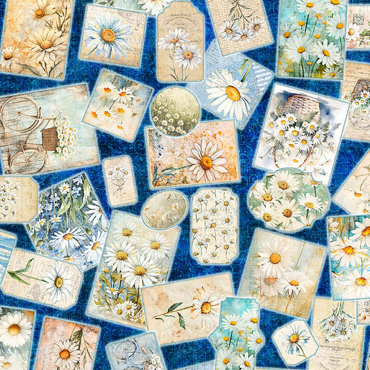 Image of Daisy Delights Daisy Patches Navy quilting cotton fabric by Morris Creative Group for QT Fabrics. Features flowers on a blue background. Cute Little Fabric Shop.