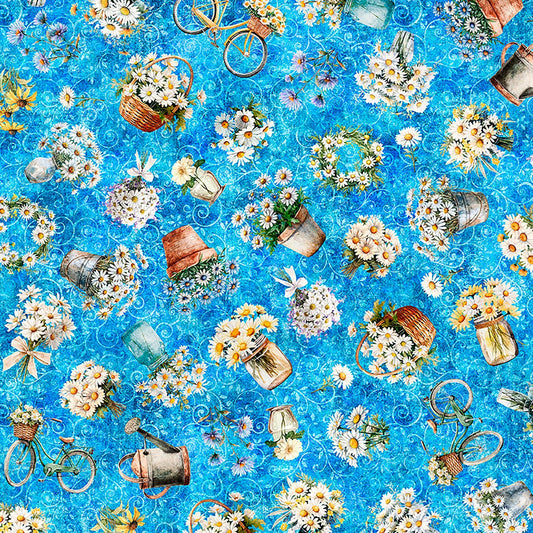 Image of Daisy Delights Daisy Garden Toss Bright Blue quilting cotton fabric by Morris Creative Group for QT Fabrics. Features flowers on a blue background. Cute Little Fabric Shop.