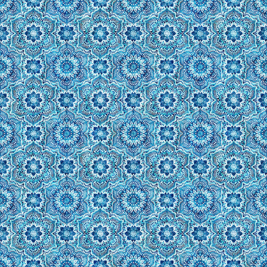 Image of Daisy Delights Floral Arabesque Denim quilting cotton fabric by Morris Creative Group for QT Fabrics. Features flowers on a blue background. Cute Little Fabric Shop.