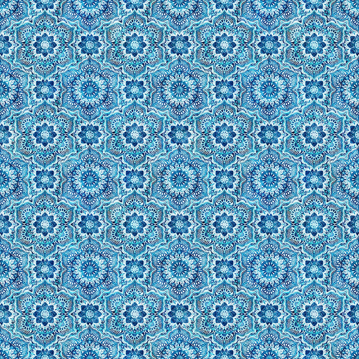 Image of Daisy Delights Floral Arabesque Denim quilting cotton fabric by Morris Creative Group for QT Fabrics. Features flowers on a blue background. Cute Little Fabric Shop.