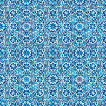 Image of Daisy Delights Floral Arabesque Denim quilting cotton fabric by Morris Creative Group for QT Fabrics. Features flowers on a blue background. Cute Little Fabric Shop.