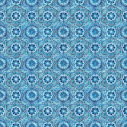 Image of Daisy Delights Floral Arabesque Denim quilting cotton fabric by Morris Creative Group for QT Fabrics. Features flowers on a blue background. Cute Little Fabric Shop.