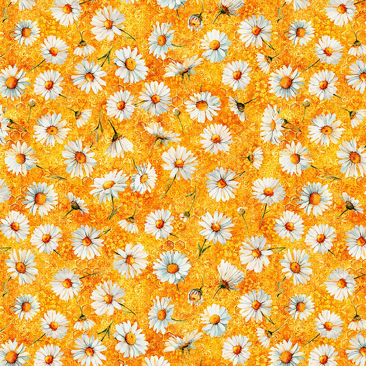 Image of Daisy Delights Daisy Toss Orange quilting cotton fabric by Morris Creative Group for QT Fabrics. Features flowers on an orange background. Cute Little Fabric Shop.