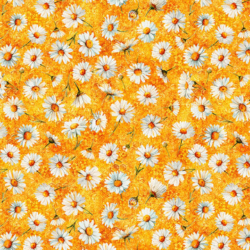 Image of Daisy Delights Daisy Toss Orange quilting cotton fabric by Morris Creative Group for QT Fabrics. Features flowers on an orange background. Cute Little Fabric Shop.