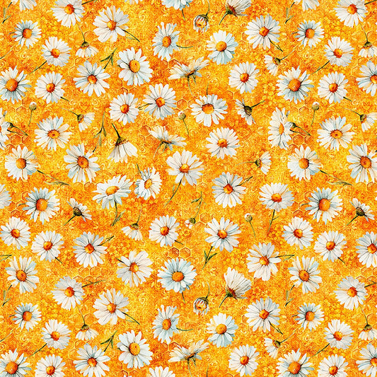 Image of Daisy Delights Daisy Toss Orange quilting cotton fabric by Morris Creative Group for QT Fabrics. Features flowers on an orange background. Cute Little Fabric Shop.
