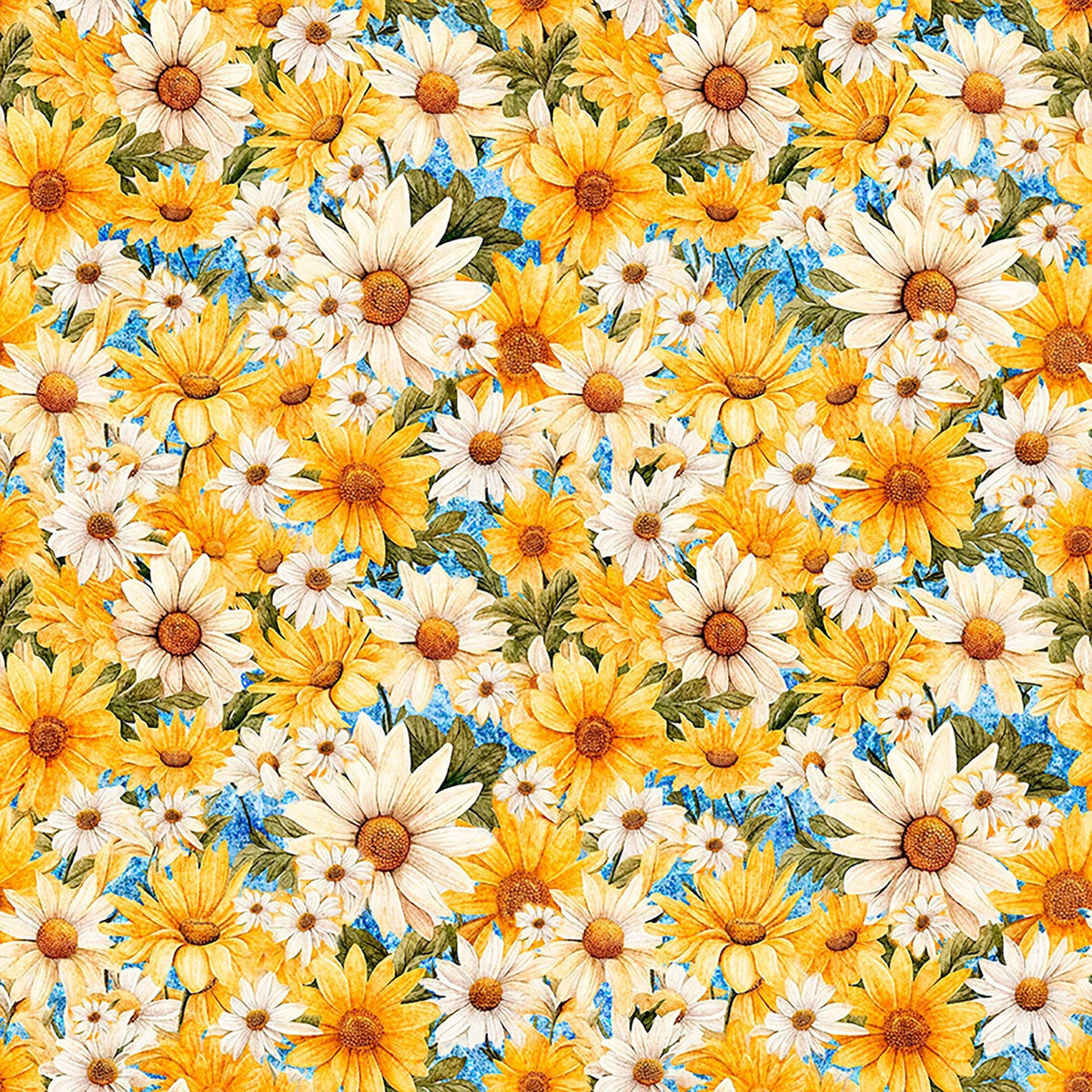 Image of Daisy Delights Packed Daisies Denim quilting cotton fabric by Morris Creative Group for QT Fabrics. Features flowers on a blue background. Cute Little Fabric Shop.