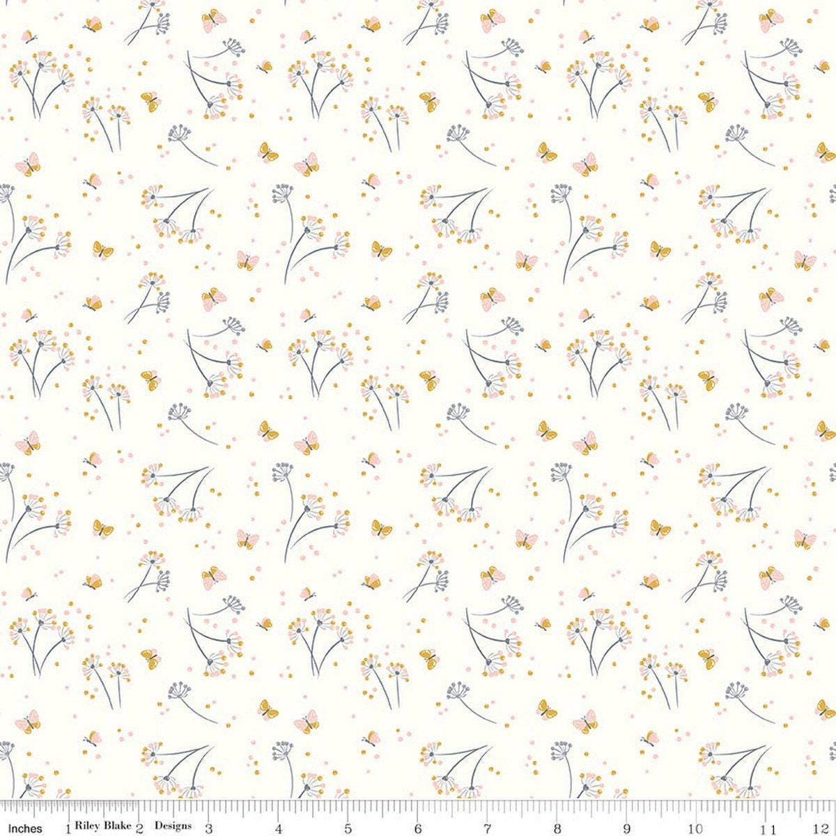 Image of Hush Hush 6 Make A Wish White quilting cotton fabric by assorted designers for Riley Blake Designs. Features flowers on a white background. Cute Little Fabric Shop.