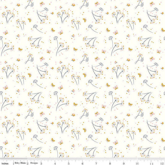 Image of Hush Hush 6 Make A Wish White quilting cotton fabric by assorted designers for Riley Blake Designs. Features flowers on a white background. Cute Little Fabric Shop.