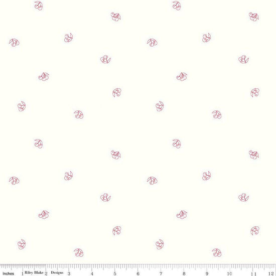 Image of Hush Hush 6 Very Cherry White quilting cotton fabric by assorted designers for Riley Blake Designs. Features cherries on a white background. Cute Little Fabric Shop.
