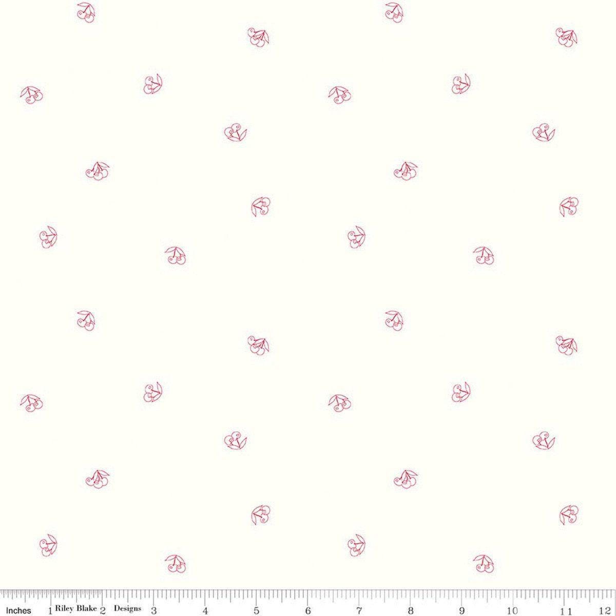 Image of Hush Hush 6 Very Cherry White quilting cotton fabric by assorted designers for Riley Blake Designs. Features cherries on a white background. Cute Little Fabric Shop.