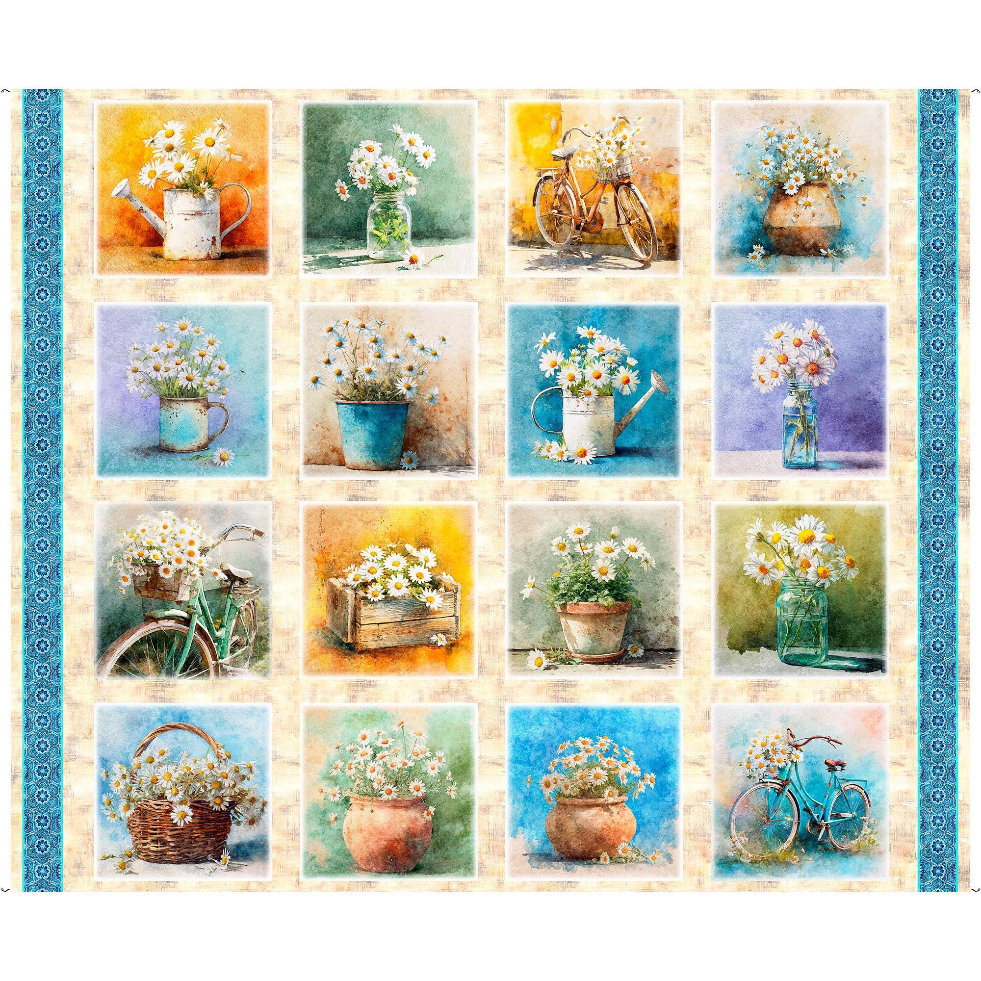 Daisy Delights Picture Patches Panel Multi Blue Floral Fabric - 32149 ...