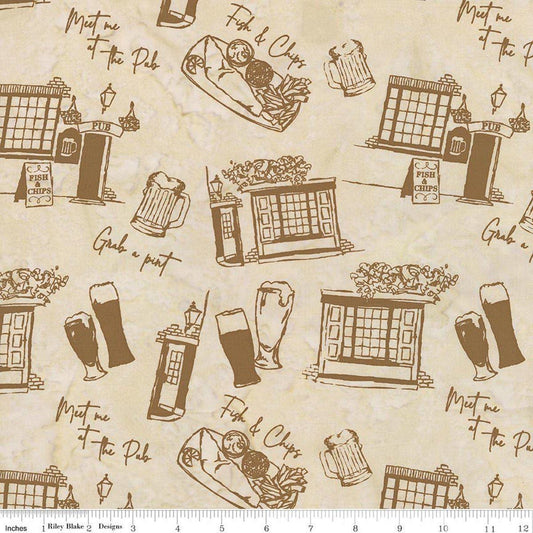 Image of Batiks Around the World London Toasted Almond quilting cotton fabric by Tara Reed for Riley Blake Designs. Features beer and bus stops on a brown background. Cute Little Fabric Shop.