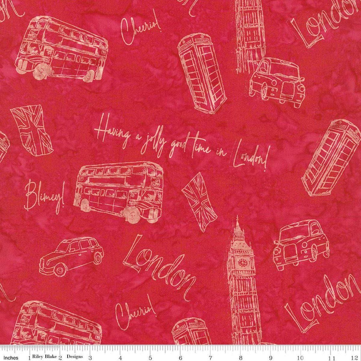 Image of Batiks Around the World London Crimson quilting cotton fabric by Tara Reed for Riley Blake Designs. Features british landmarks on a red background. Cute Little Fabric Shop.