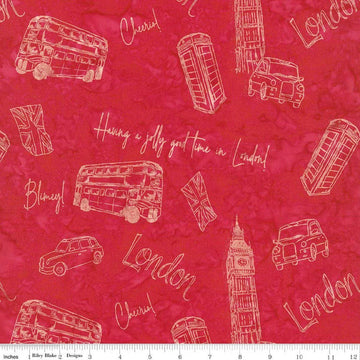 Image of Batiks Around the World London Crimson quilting cotton fabric by Tara Reed for Riley Blake Designs. Features british landmarks on a red background. Cute Little Fabric Shop.