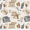 Image of Batiks Around the World London Pale Wheat quilting cotton fabric by Tara Reed for Riley Blake Designs. Features beer and bus stops on a cream background. Cute Little Fabric Shop.