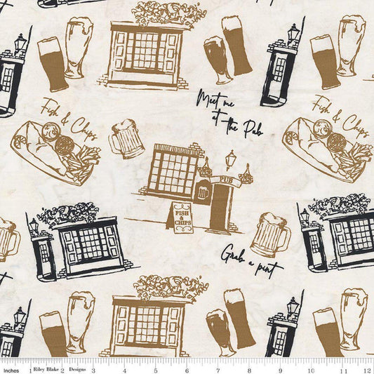 Image of Batiks Around the World London Pale Wheat quilting cotton fabric by Tara Reed for Riley Blake Designs. Features beer and bus stops on a cream background. Cute Little Fabric Shop.