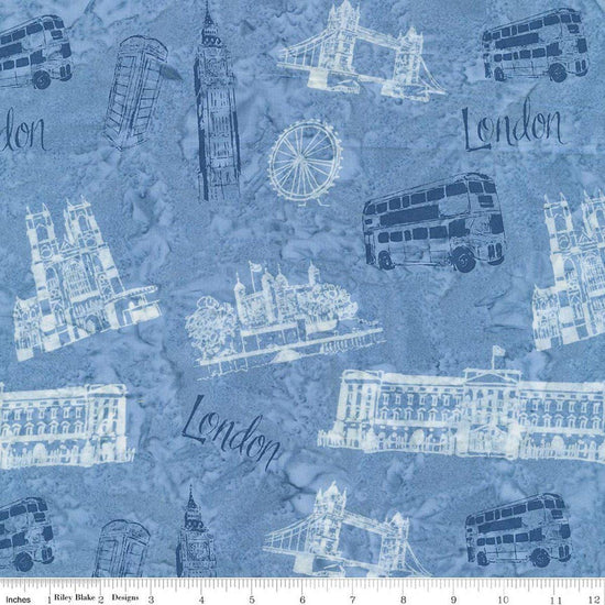 Image of Batiks Around the World London Skystone quilting cotton fabric by Tara Reed for Riley Blake Designs. Features british landmarks on a blue background. Cute Little Fabric Shop.