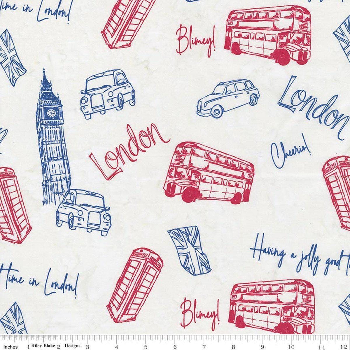 Image of Batiks Around the World London Snow White quilting cotton fabric by Tara Reed for Riley Blake Designs. Features british landmarks on a white background. Cute Little Fabric Shop.