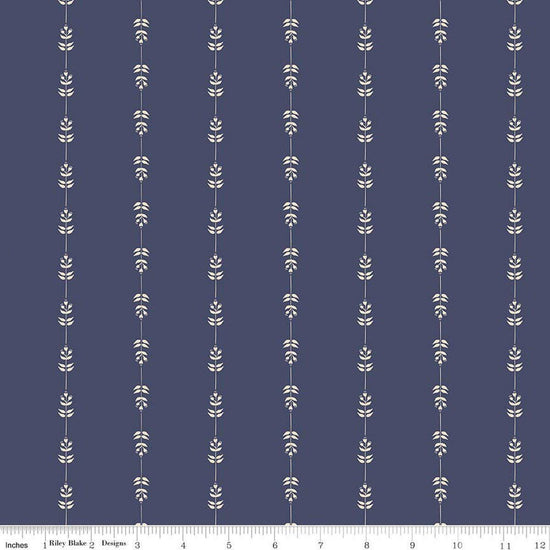 Image of Hedgerow Haven Floral Stripe Blue quilting cotton fabric by Amber Elliot for Riley Blake Designs. Features flowers on a blue background. Cute Little Fabric Shop.