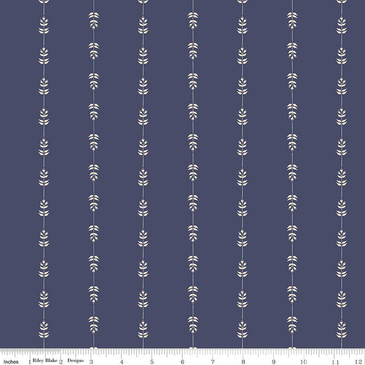 Image of Hedgerow Haven Floral Stripe Blue quilting cotton fabric by Amber Elliot for Riley Blake Designs. Features flowers on a blue background. Cute Little Fabric Shop.