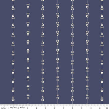 Image of Hedgerow Haven Floral Stripe Blue quilting cotton fabric by Amber Elliot for Riley Blake Designs. Features flowers on a blue background. Cute Little Fabric Shop.