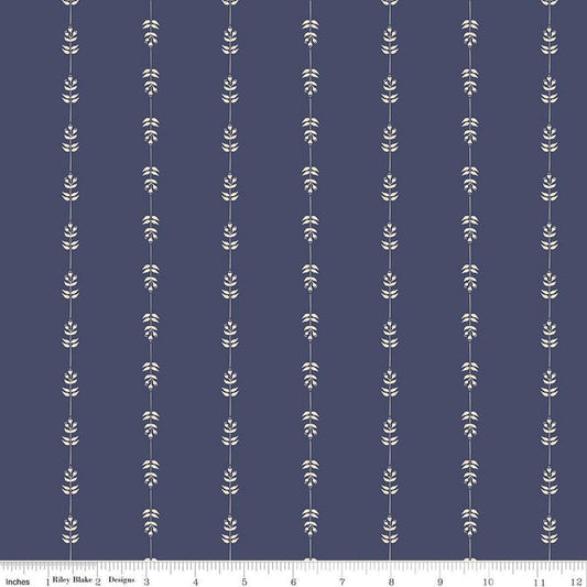 Image of Hedgerow Haven Floral Stripe Blue quilting cotton fabric by Amber Elliot for Riley Blake Designs. Features flowers on a blue background. Cute Little Fabric Shop.