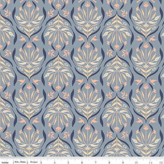 Image of Hedgerow Haven Damask Dusk quilting cotton fabric by Amber Elliot for Riley Blake Designs. Features flowers on a blue background. Cute Little Fabric Shop.