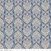 Image of Hedgerow Haven Damask Dusk quilting cotton fabric by Amber Elliot for Riley Blake Designs. Features flowers on a blue background. Cute Little Fabric Shop.