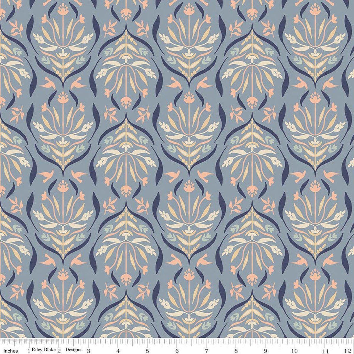 Image of Hedgerow Haven Damask Dusk quilting cotton fabric by Amber Elliot for Riley Blake Designs. Features flowers on a blue background. Cute Little Fabric Shop.