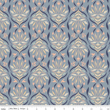 Image of Hedgerow Haven Damask Dusk quilting cotton fabric by Amber Elliot for Riley Blake Designs. Features flowers on a blue background. Cute Little Fabric Shop.