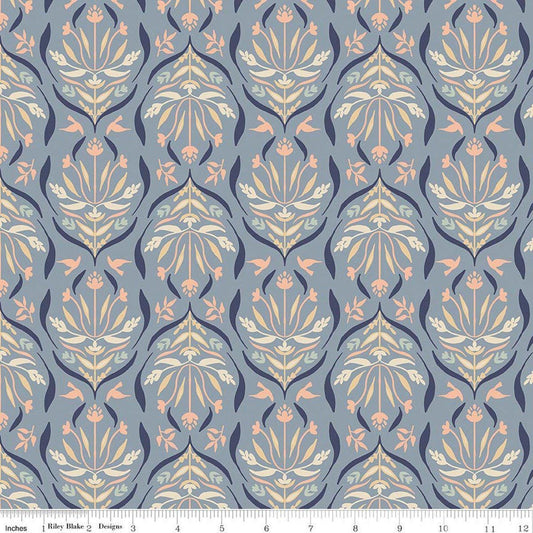 Image of Hedgerow Haven Damask Dusk quilting cotton fabric by Amber Elliot for Riley Blake Designs. Features flowers on a blue background. Cute Little Fabric Shop.