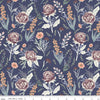 Image of Hedgerow Haven Cottage Floral Blue quilting cotton fabric by Amber Elliot for Riley Blake Designs. Features flowers on a blue background. Cute Little Fabric Shop.