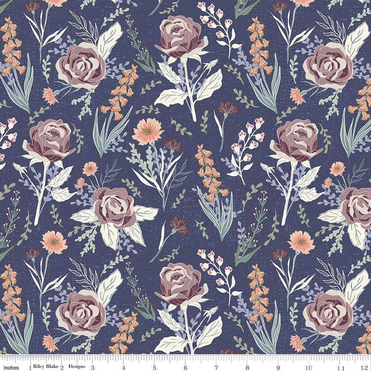 Image of Hedgerow Haven Cottage Floral Blue quilting cotton fabric by Amber Elliot for Riley Blake Designs. Features flowers on a blue background. Cute Little Fabric Shop.