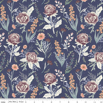 Image of Hedgerow Haven Cottage Floral Blue quilting cotton fabric by Amber Elliot for Riley Blake Designs. Features flowers on a blue background. Cute Little Fabric Shop.