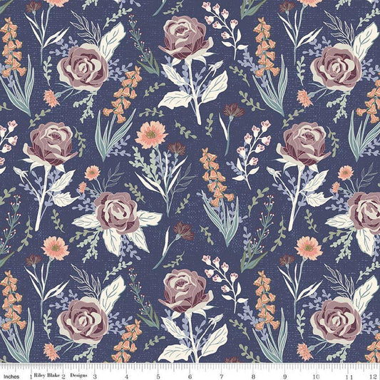 Image of Hedgerow Haven Cottage Floral Blue quilting cotton fabric by Amber Elliot for Riley Blake Designs. Features flowers on a blue background. Cute Little Fabric Shop.