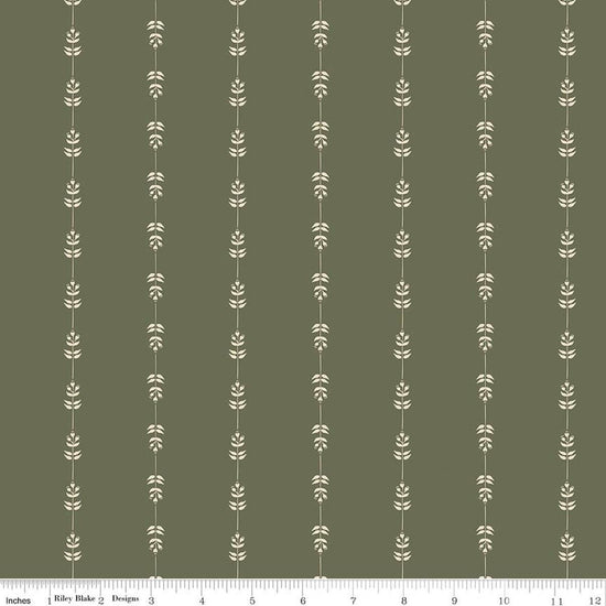 Image of Hedgerow Haven Floral Stripe Green quilting cotton fabric by Amber Elliot for Riley Blake Designs. Features flowers on a green background. Cute Little Fabric Shop.