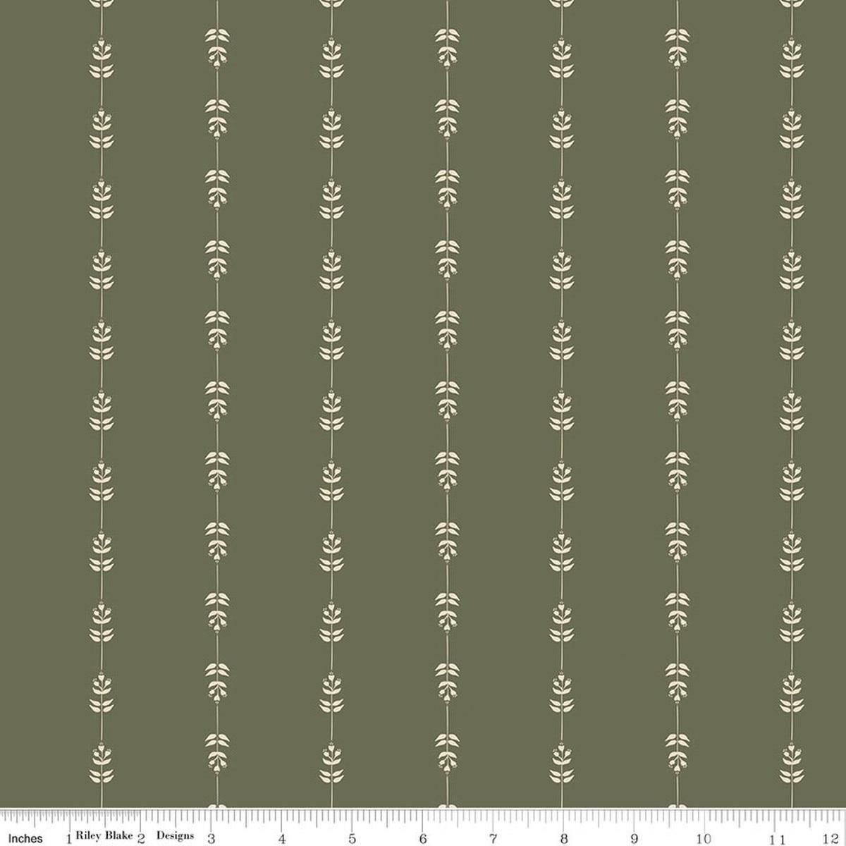 Image of Hedgerow Haven Floral Stripe Green quilting cotton fabric by Amber Elliot for Riley Blake Designs. Features flowers on a green background. Cute Little Fabric Shop.