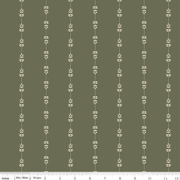Image of Hedgerow Haven Floral Stripe Green quilting cotton fabric by Amber Elliot for Riley Blake Designs. Features flowers on a green background. Cute Little Fabric Shop.