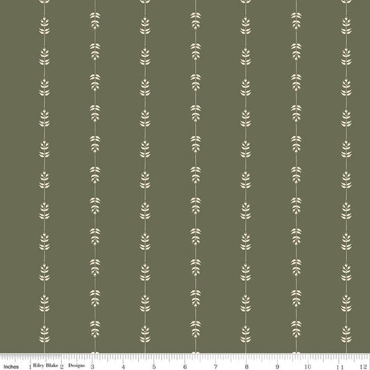 Image of Hedgerow Haven Floral Stripe Green quilting cotton fabric by Amber Elliot for Riley Blake Designs. Features flowers on a green background. Cute Little Fabric Shop.
