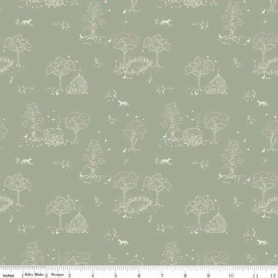 Image of Hedgerow Haven Toile Meadow quilting cotton fabric by Amber Elliot for Riley Blake Designs. Features nature landscape on a green background. Cute Little Fabric Shop.