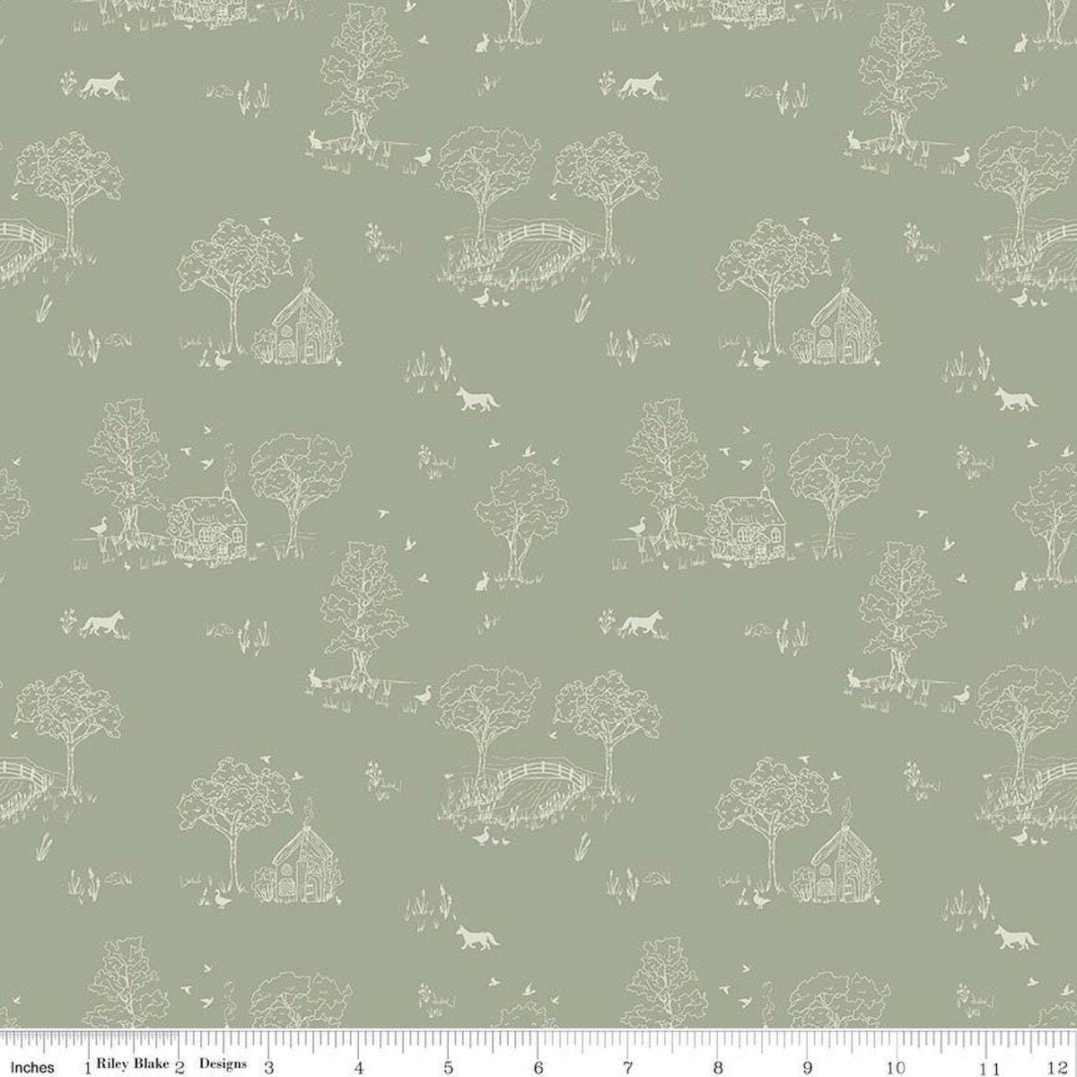 Image of Hedgerow Haven Toile Meadow quilting cotton fabric by Amber Elliot for Riley Blake Designs. Features nature landscape on a green background. Cute Little Fabric Shop.