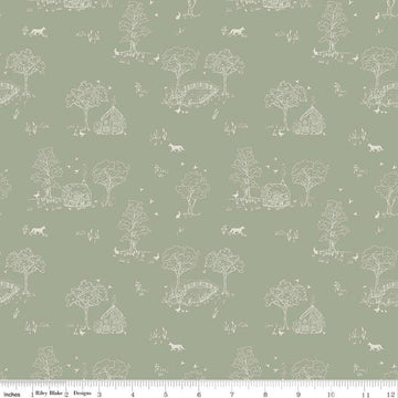 Image of Hedgerow Haven Toile Meadow quilting cotton fabric by Amber Elliot for Riley Blake Designs. Features nature landscape on a green background. Cute Little Fabric Shop.