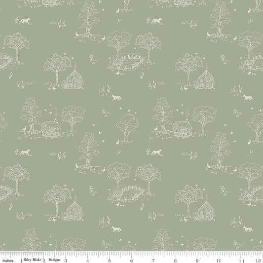 Image of Hedgerow Haven Toile Meadow quilting cotton fabric by Amber Elliot for Riley Blake Designs. Features nature landscape on a green background. Cute Little Fabric Shop.