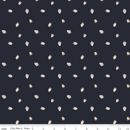 Image of Hedgerow Haven Strawberries Midnight quilting cotton fabric by Amber Elliot for Riley Blake Designs. Features berries on a black background. Cute Little Fabric Shop.