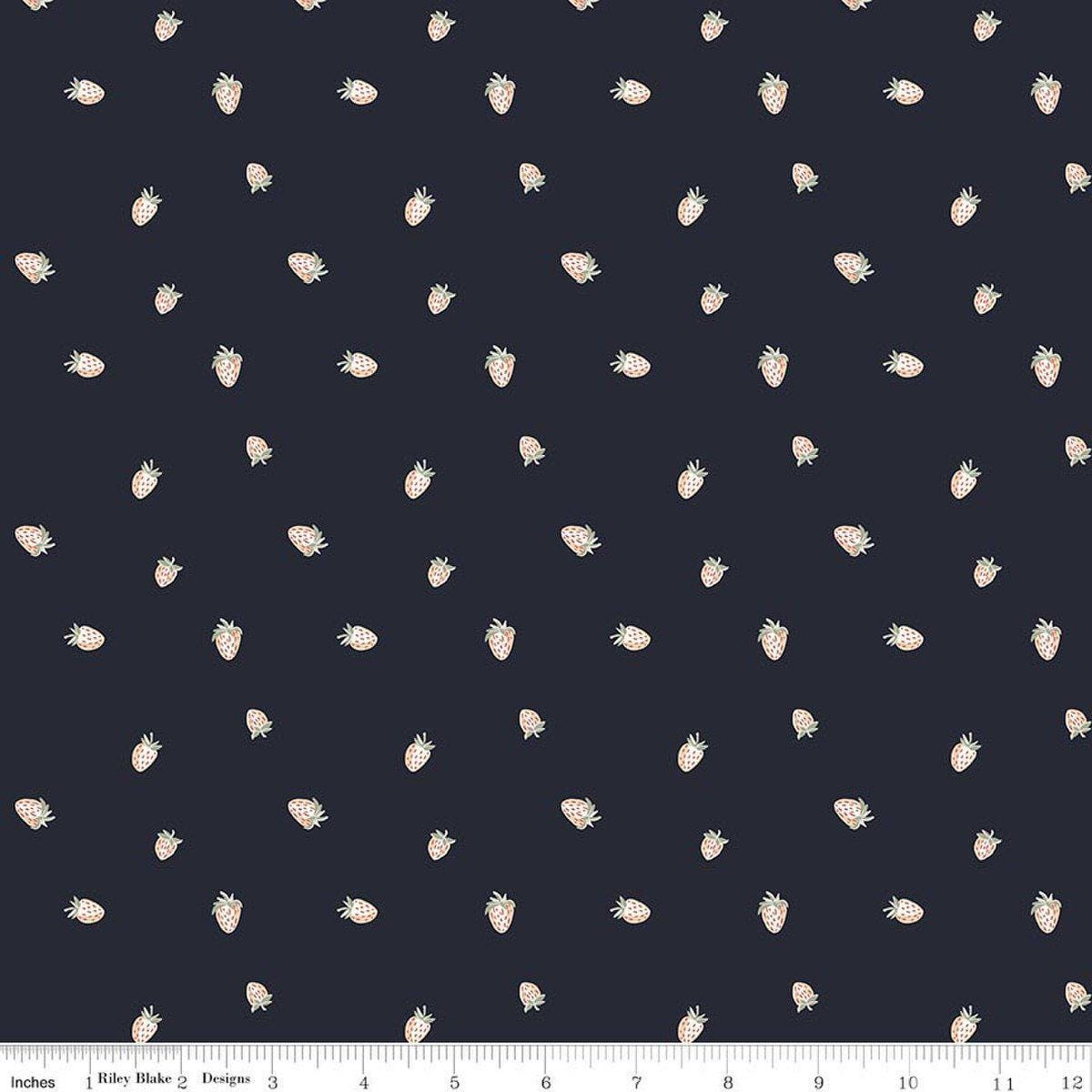 Image of Hedgerow Haven Strawberries Midnight quilting cotton fabric by Amber Elliot for Riley Blake Designs. Features berries on a black background. Cute Little Fabric Shop.